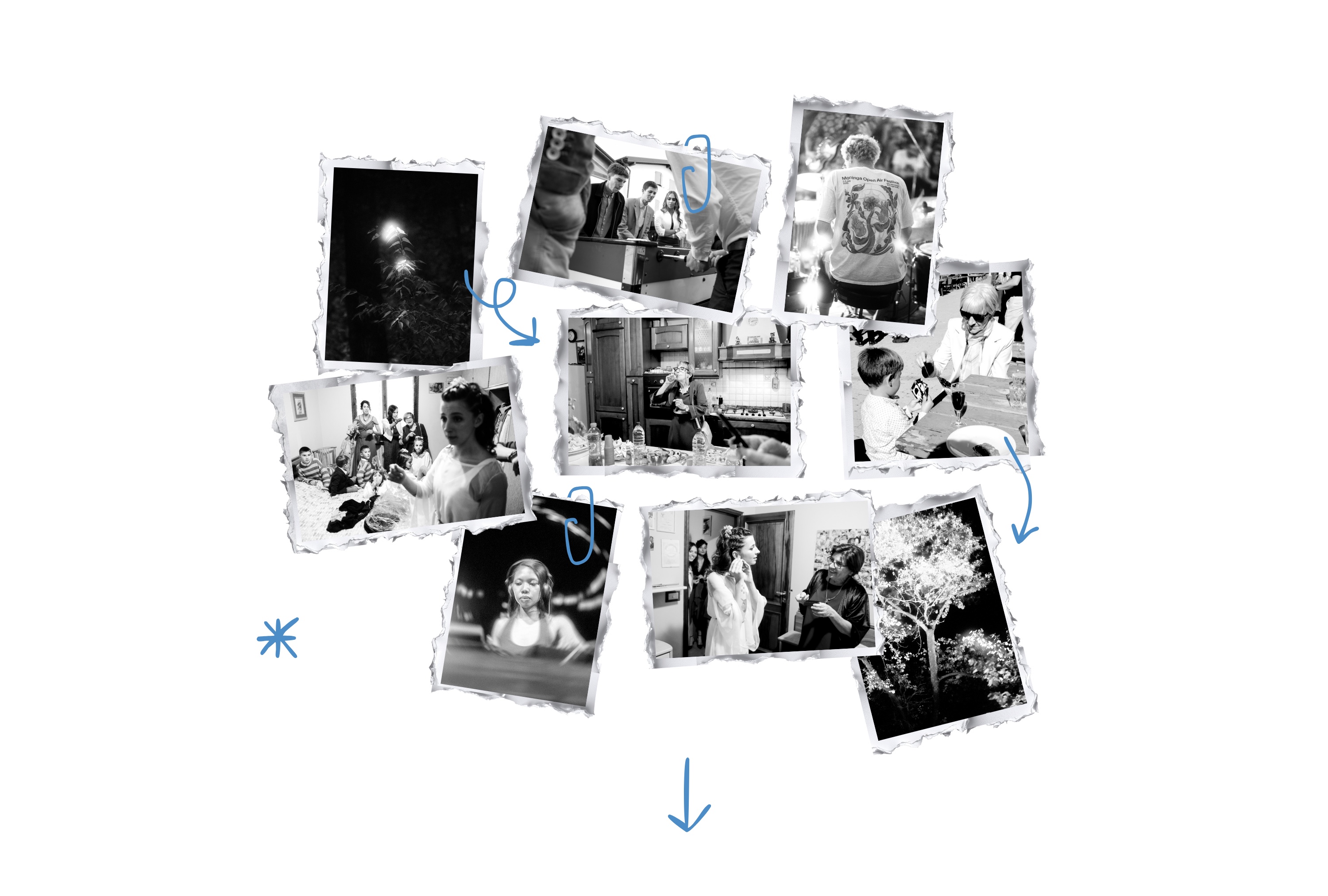 Un collage di fotografie documentarie di Ginevra Abeti — matrimoni ed eventi
